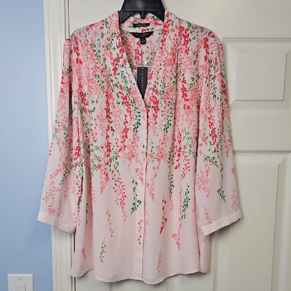 Investments 3/4 Sleeve Button Front V-neck Top: Pink W/Floral:Size- 1X - Picture 2 of 14